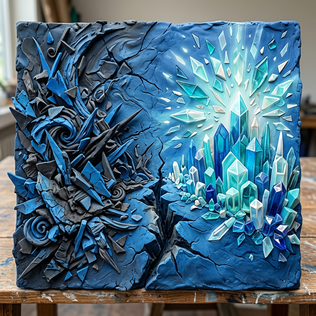 Abstract sculpture with dark jagged shards and bright blue crystalline structures.