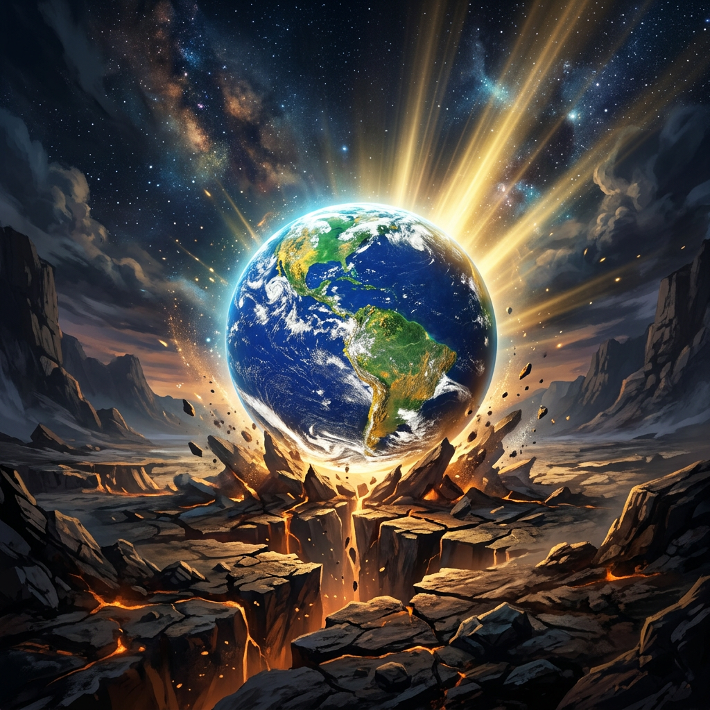 Earth emerging from cracked volcanic terrain with glowing orange fissures and starry sky