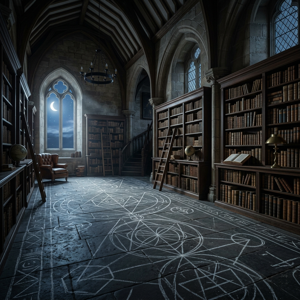 Old library interior with stone floor inscribed with glowing magical symbols