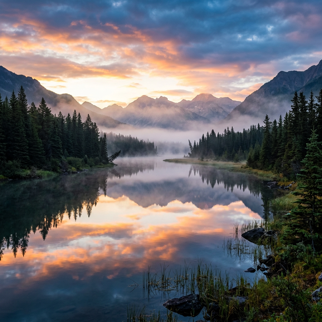 Calm mountain lake reflecting vibrant sunrise and mist with pine trees