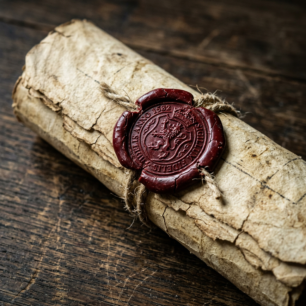 Rolled antique parchment sealed with red wax seal on wooden table