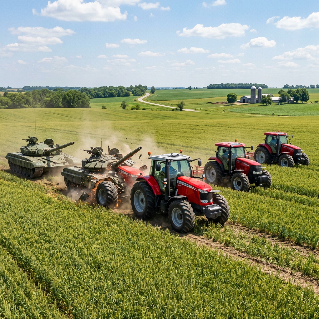 Two military tanks colliding with a tractor in a green wheat field with two other tractors nearby