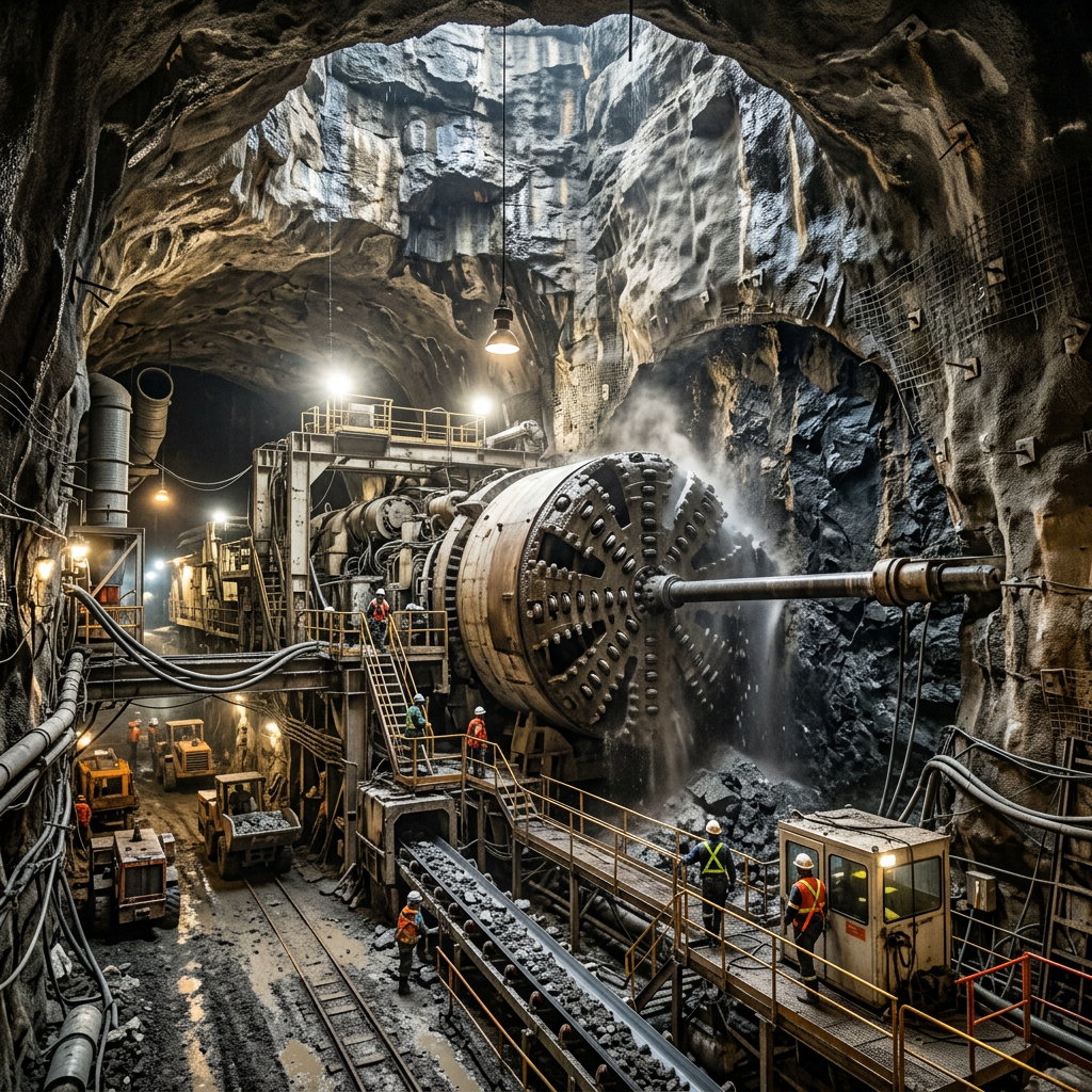 Tunnel boring machine cutting through rock with workers overseeing operation