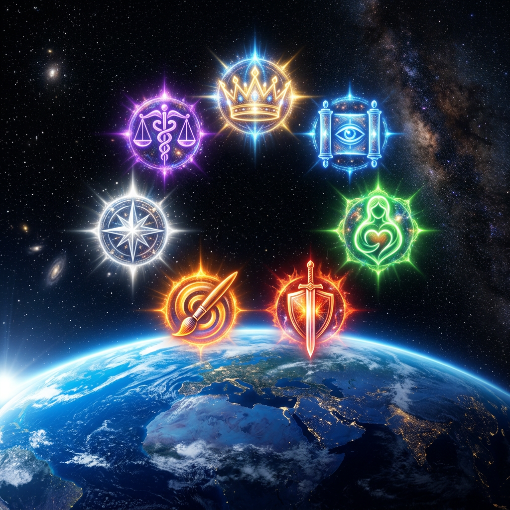 Seven glowing symbolic icons including a crown, scales, eye, compass, sword, paintbrush, and nurturing figure above Earth