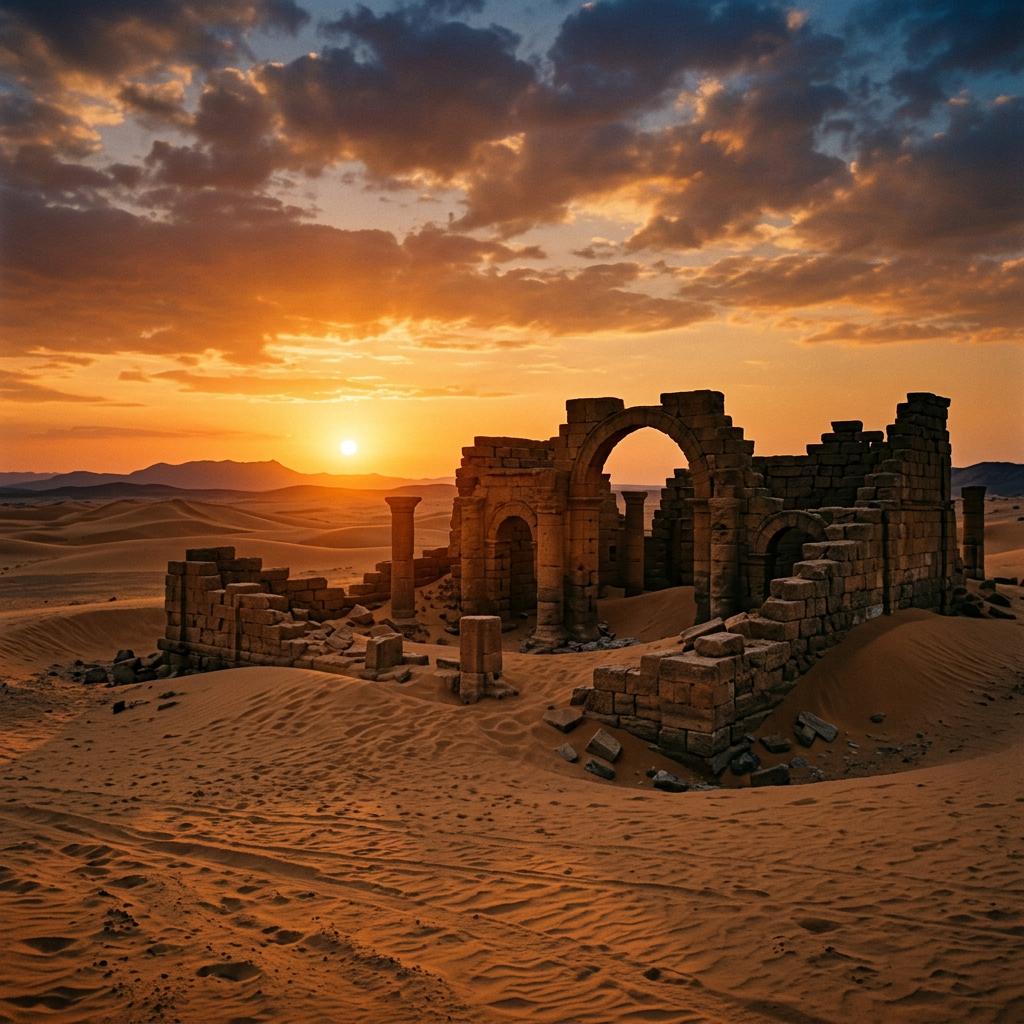 Ancient stone ruins with arches and columns in sandy desert at sunset