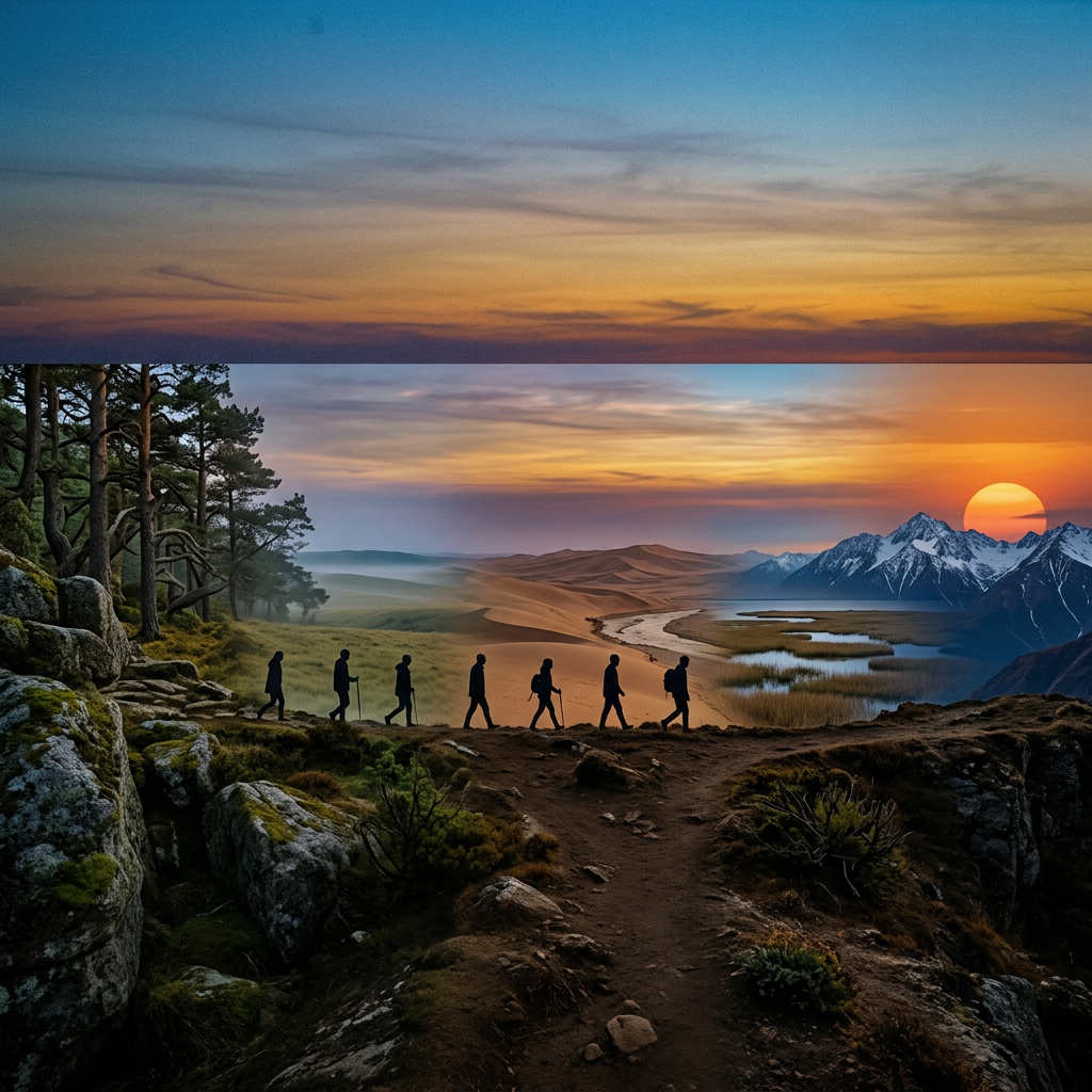 Seven silhouetted hikers walking on a trail crossing forested rocky terrain, desert dunes, and mountainous wetlands at sunset