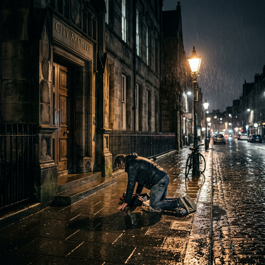 Person kneeling on wet sidewalk in front of City Archive entrance at night