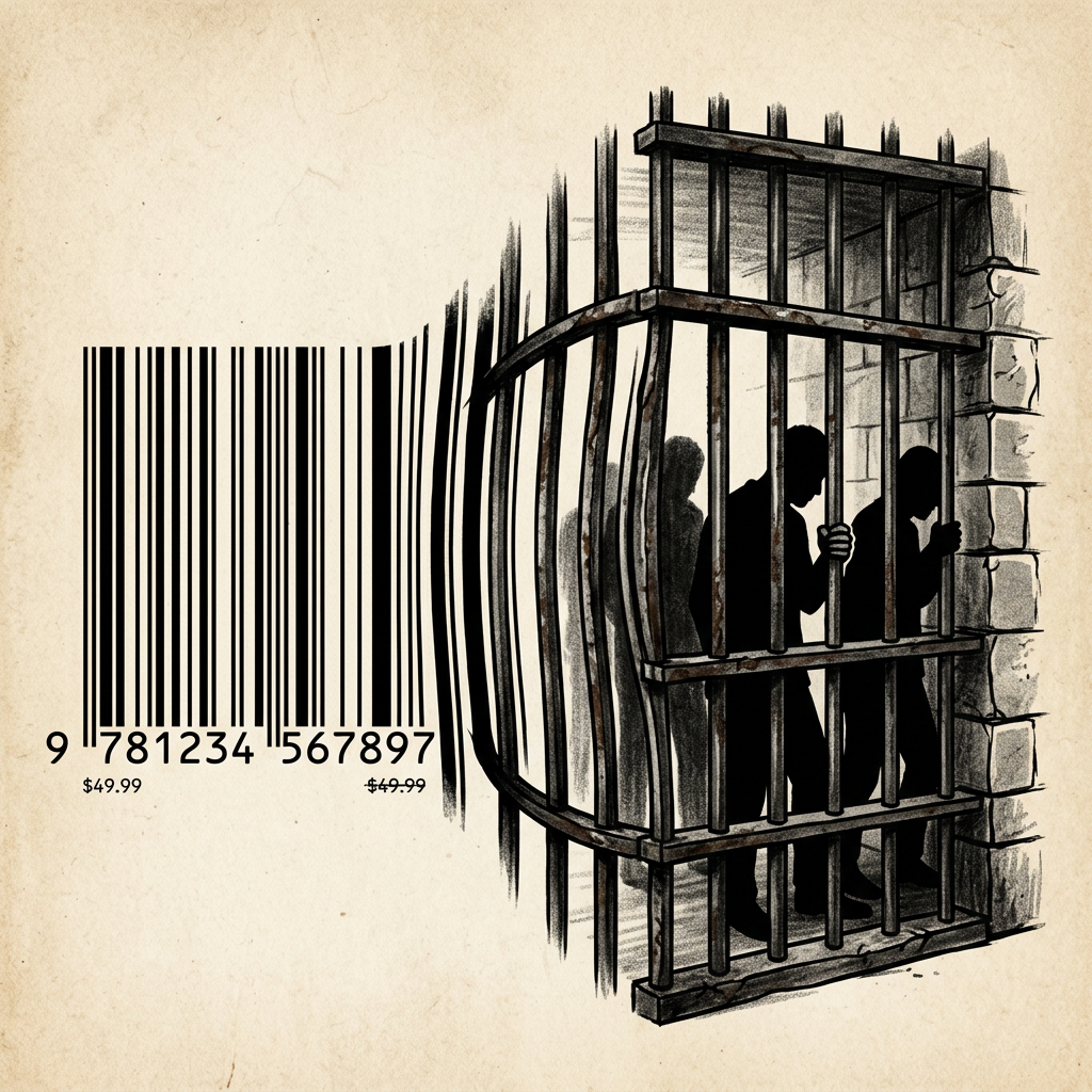 Barcode morphing into prison bars with silhouettes of people behind them
