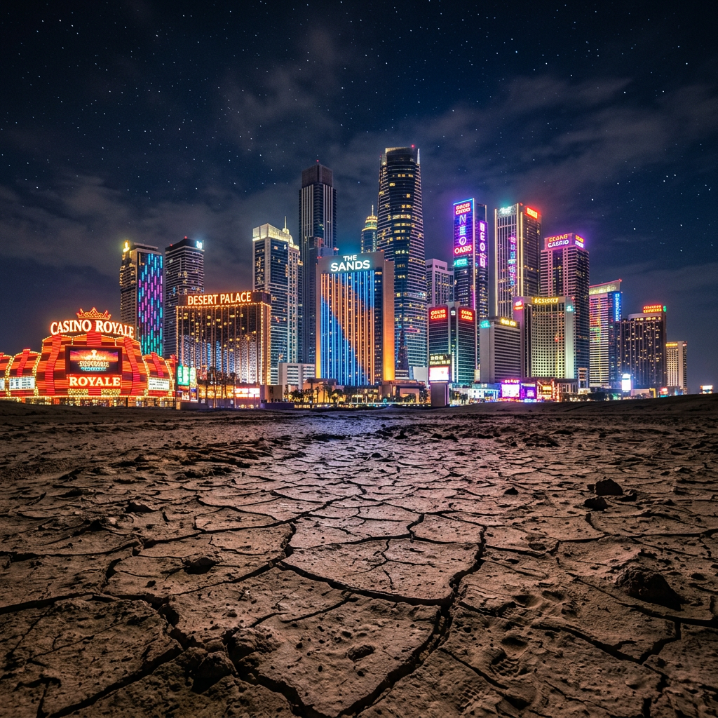 City skyline with illuminated casinos and dry cracked desert soil in foreground at night