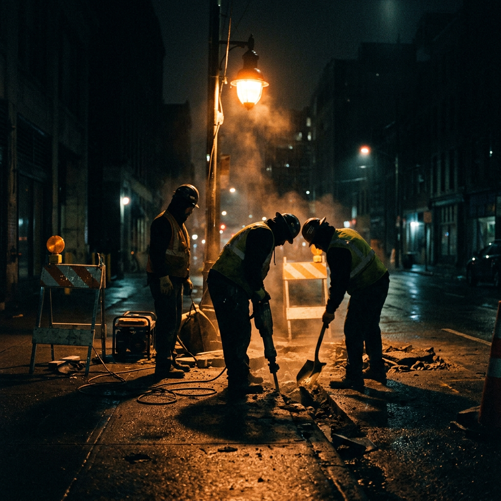 Three construction workers in reflective vests working on a city street at night with a streetlight above and steam rising