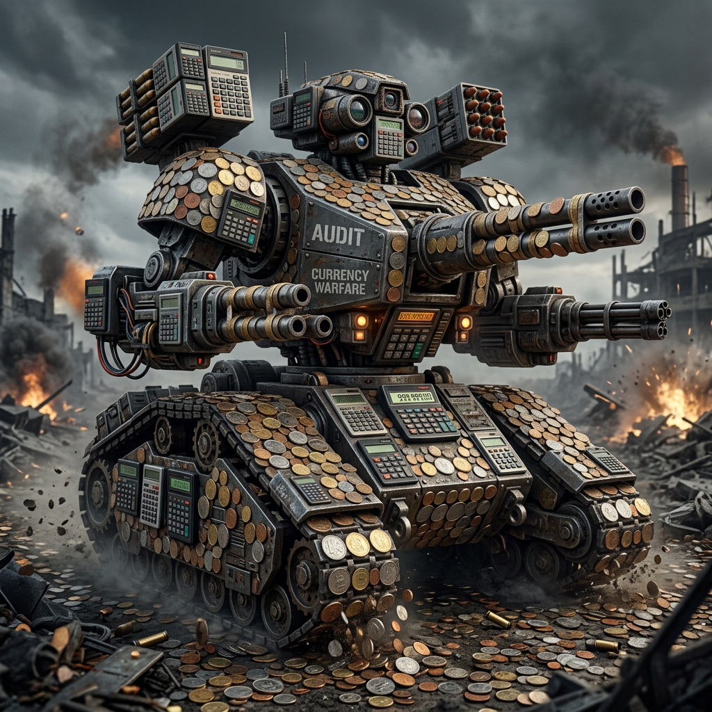 Armored combat robot covered with coins and calculators, labeled 'Audit Currency Warfare', in a war-torn industrial landscape.