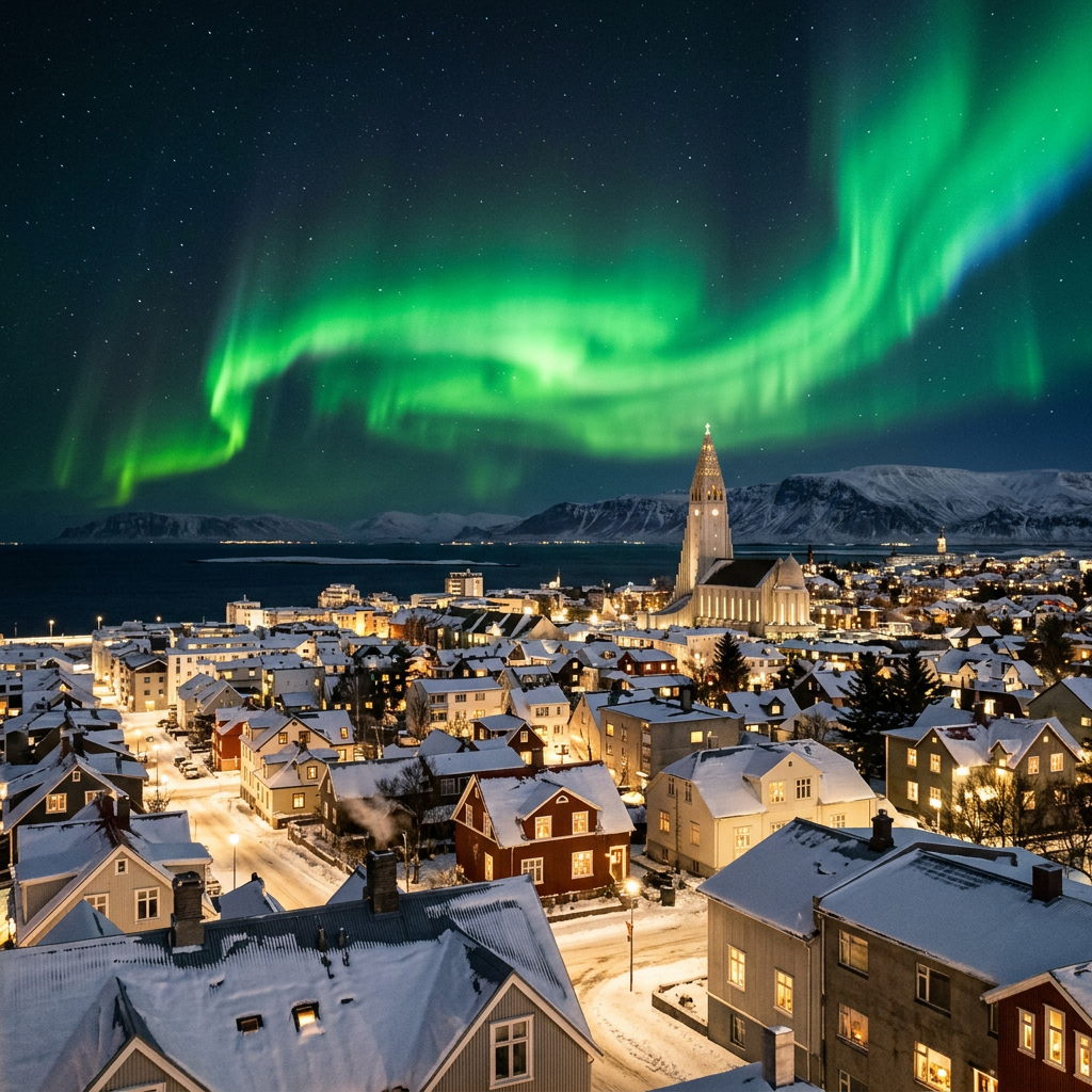 Green northern lights in the night sky above a snow-covered city with lit buildings and a prominent church tower