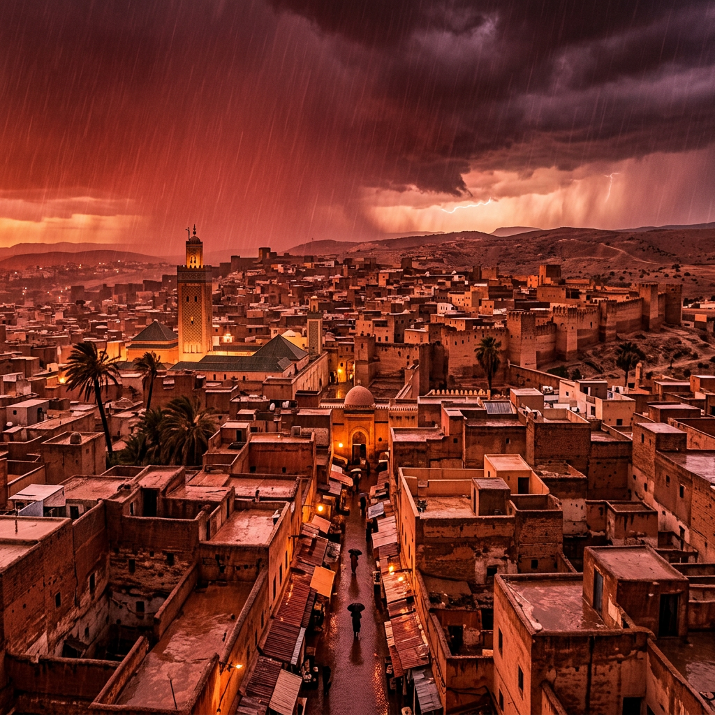 Historic cityscape during a thunderstorm with lightning and rain at dusk