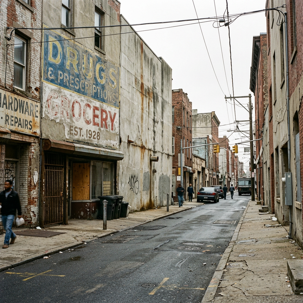 Empty urban street with old brick buildings and faded painted signs for drugs, prescriptions, and grocery