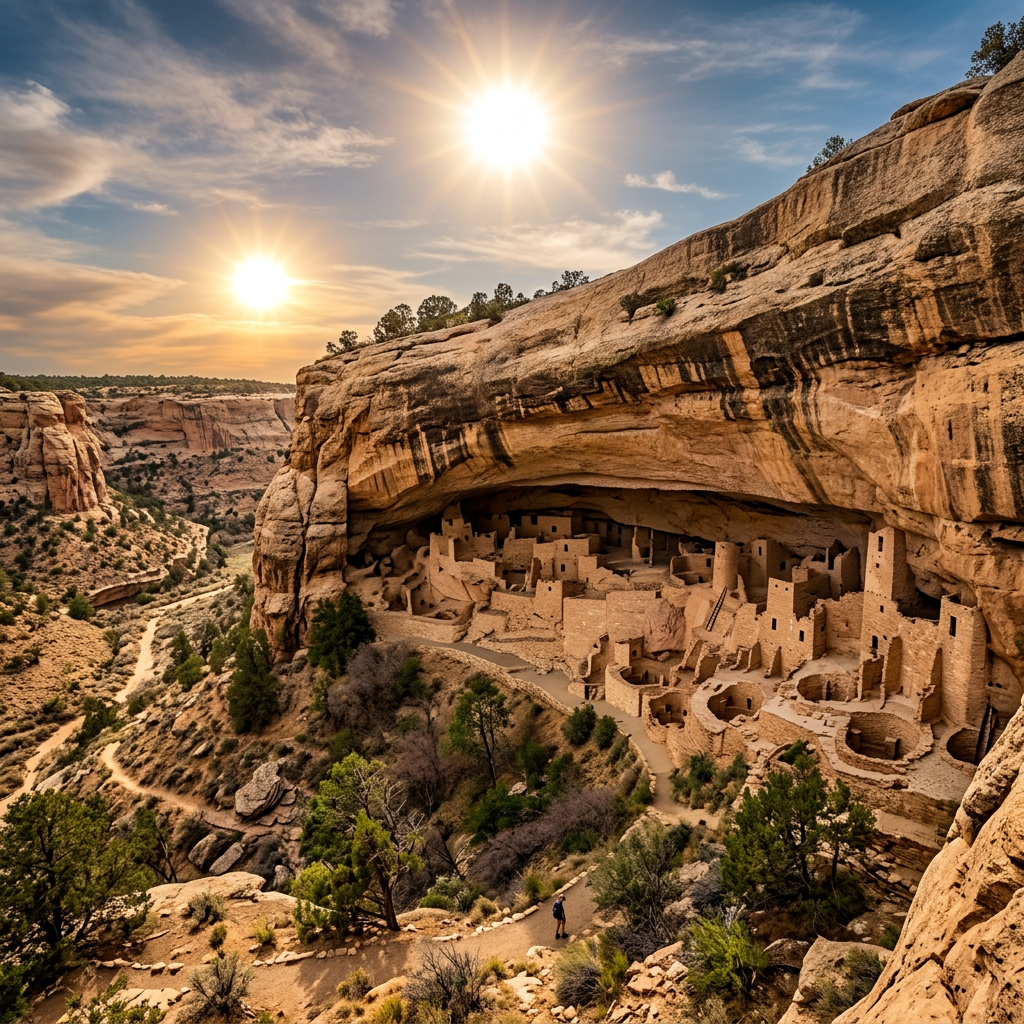 Ancient cliff dwellings built into a sandstone alcove in Mesa Verde National Park