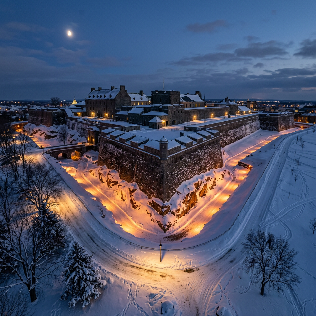 Snow-covered historic fortress at dusk illuminated by warm lights with a full moon in the sky