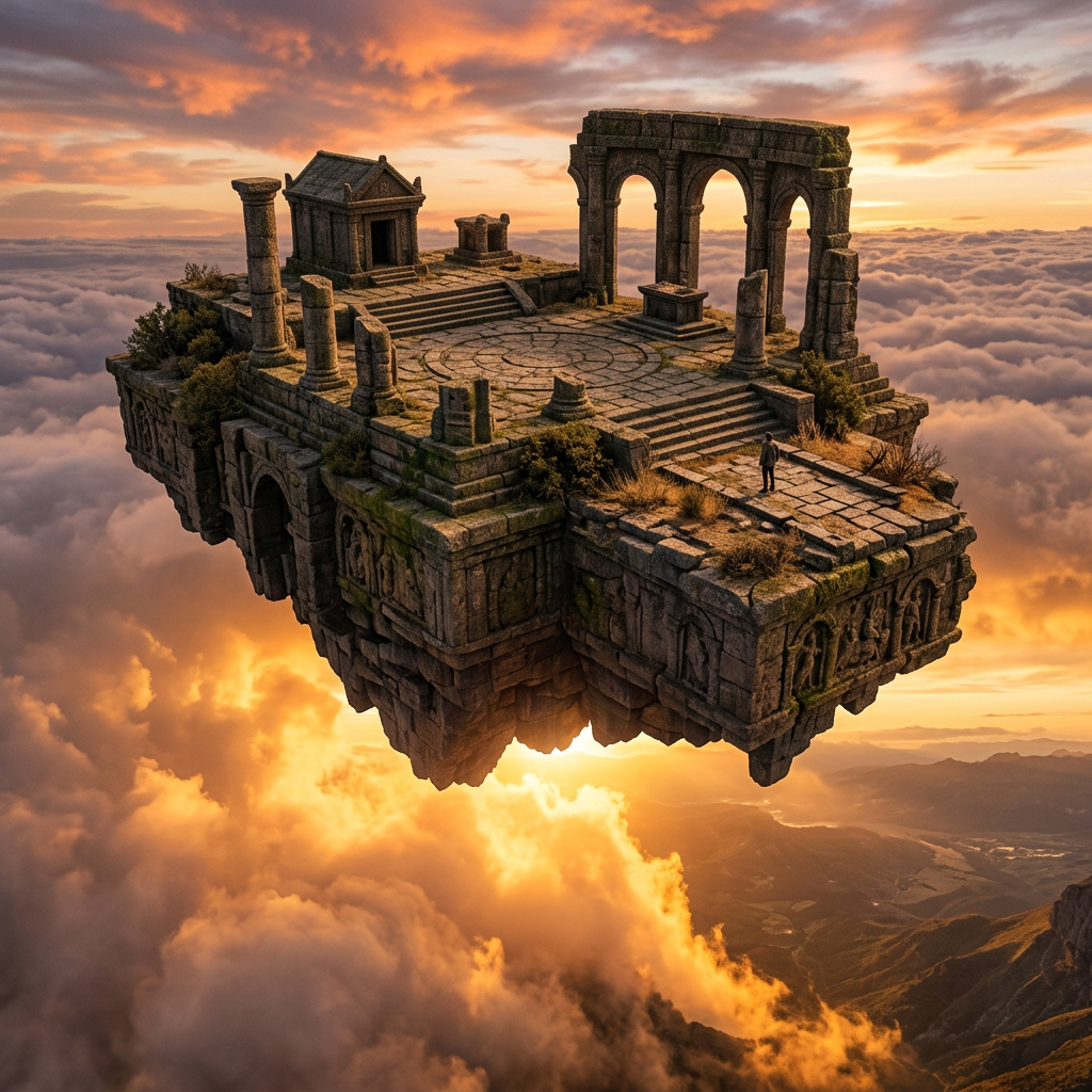 Ancient stone temple ruins floating above the clouds at sunset