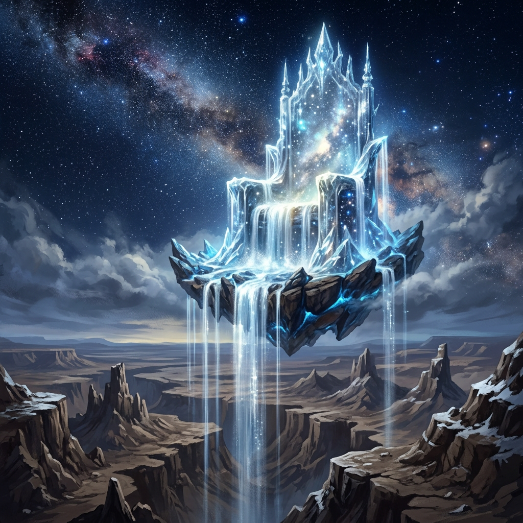Frozen throne made of ice with waterfalls, floating above canyon landscape at night with stars