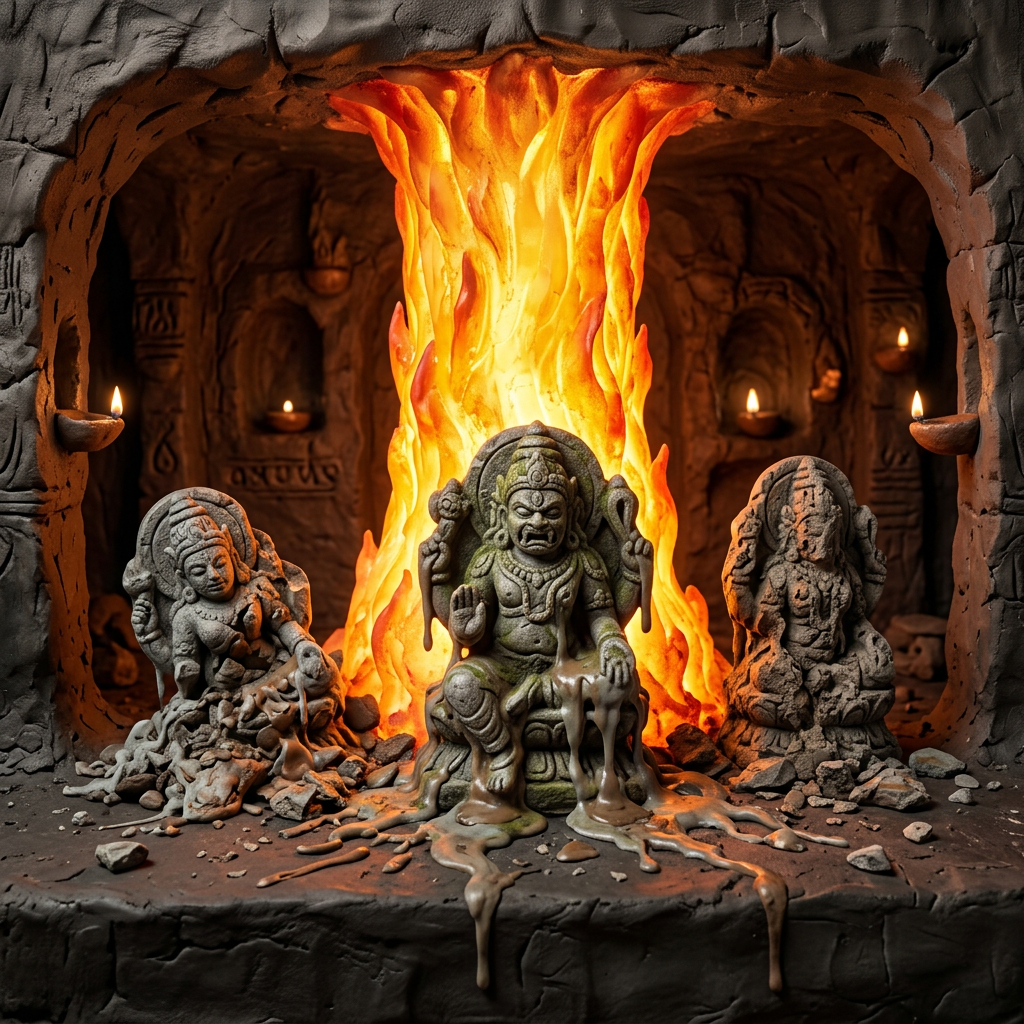 Three detailed stone statues in a cave altar with large flames and melting wax drippings