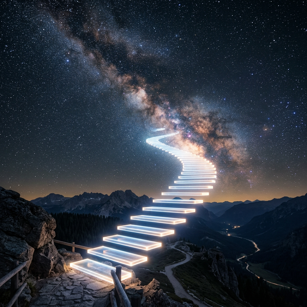 Glowing staircase leading from mountain trail into a star-filled Milky Way night sky