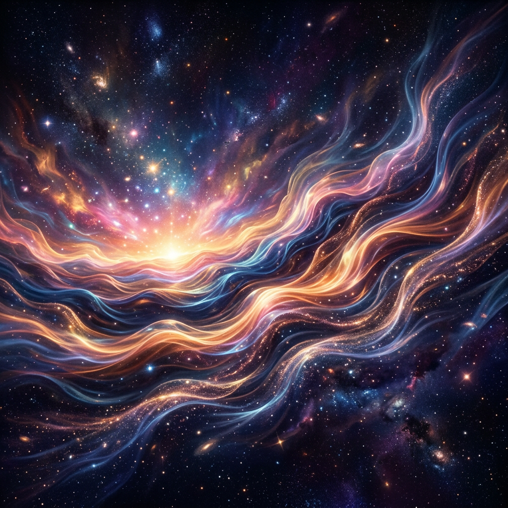 Colorful cosmic waves and bright starburst in deep space with stars and galaxies