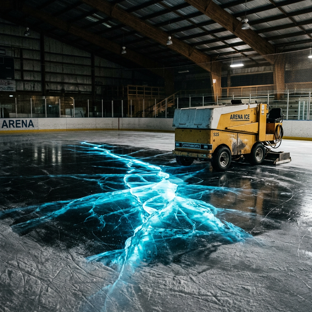Ice resurfacing machine on cracked ice surface inside an indoor hockey arena
