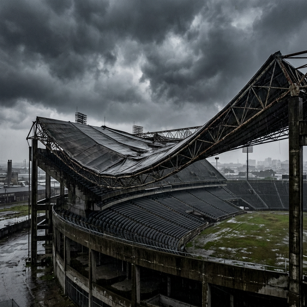 Damaged roof of an empty stadium under dark storm clouds