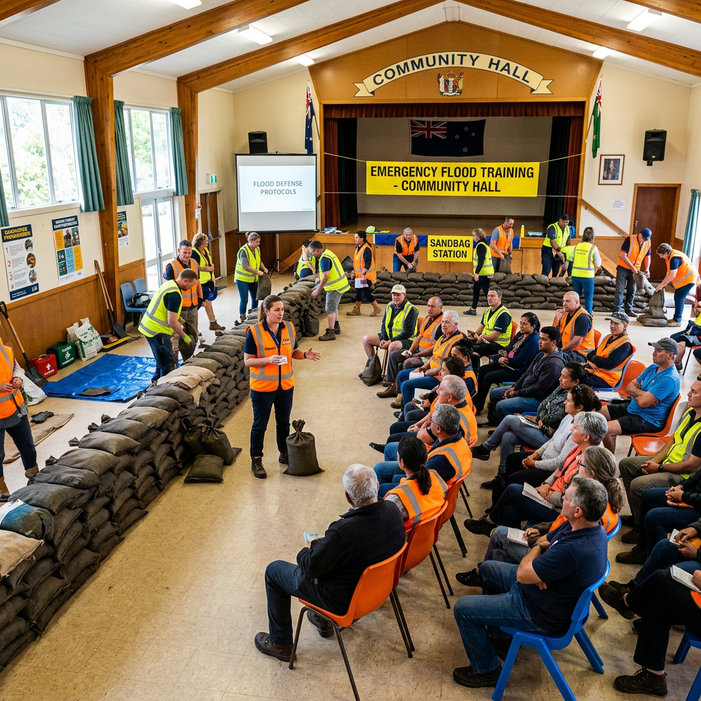 Group of volunteers in high-visibility vests attending flood defense training and filling sandbags in community hall