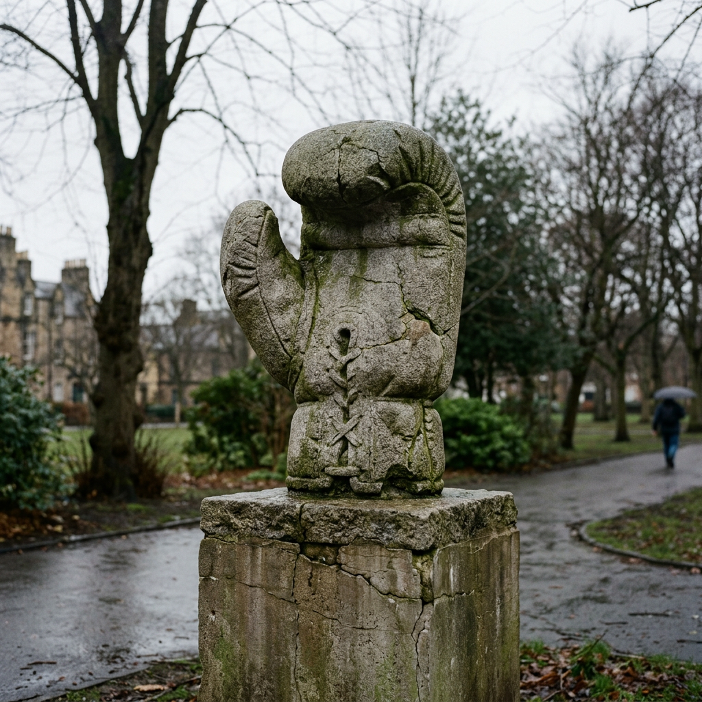 Cracked stone sculpture of a boxing glove on a stone pedestal in a park