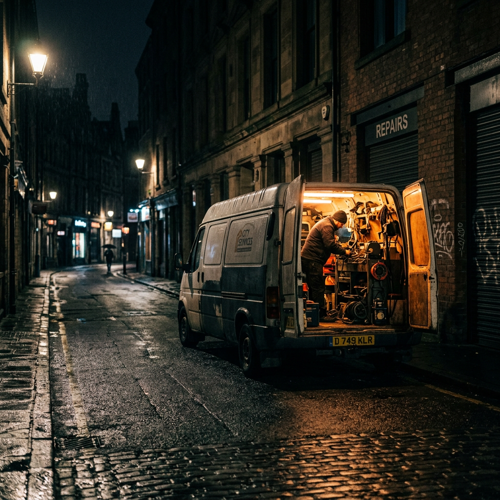 Technician repairing equipment inside van on wet cobblestone street at night