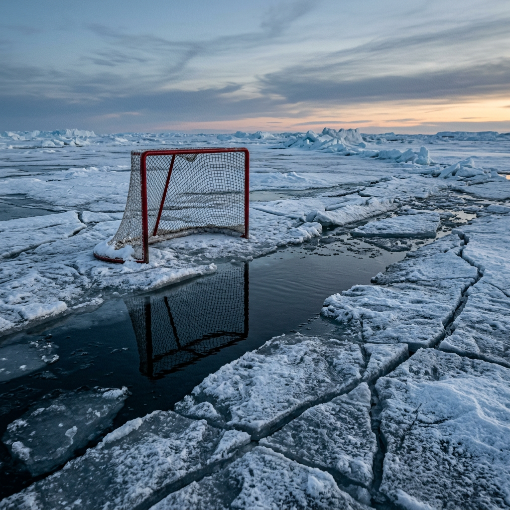 Red hockey goal on cracked ice with pools of melting water under a cloudy sky