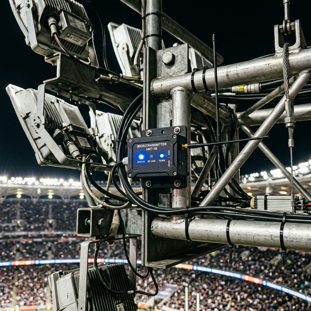 Wireless microtransmitter unit with blue status lights mounted on metal scaffolding in a stadium