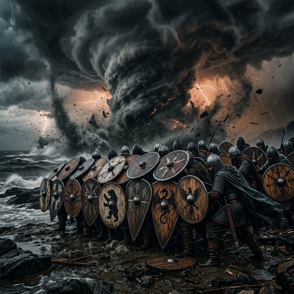 Viking warriors with shields standing on rocky shore facing a massive storm and tornadoes
