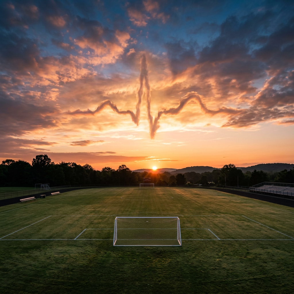 Soccer field at sunset with heartbeat-shaped cloud in the sky