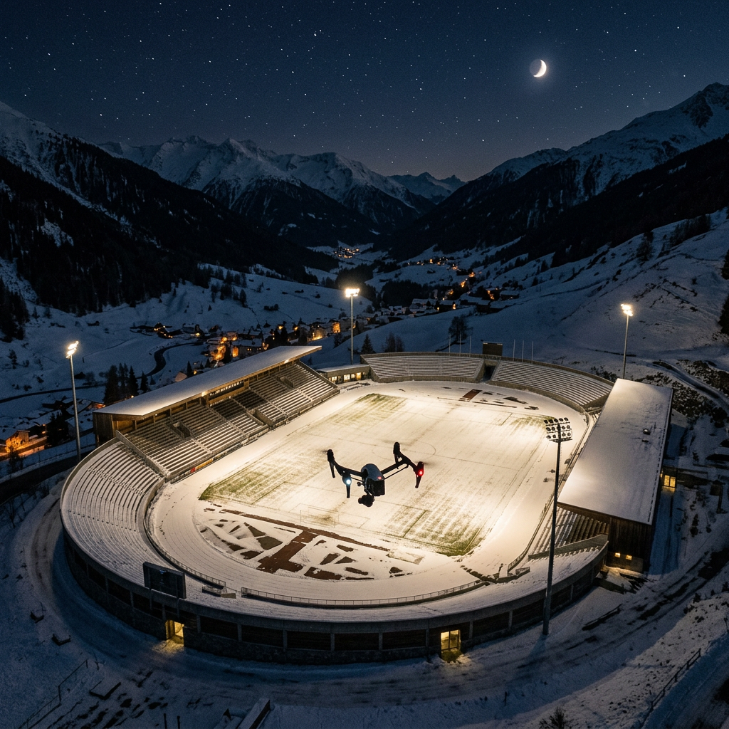 Drone flying over a snow-covered stadium at night with lights on and mountains in background