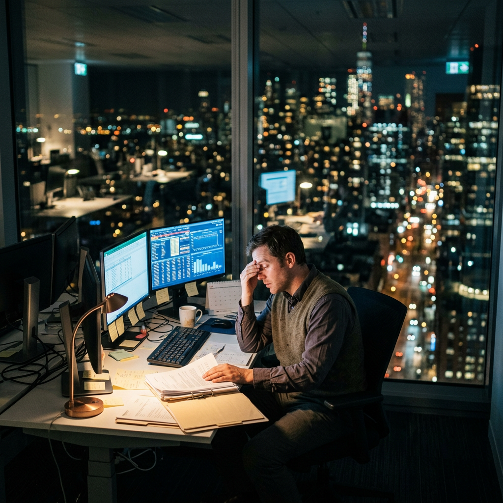 Man sitting at desk with documents and multiple computer screens showing data