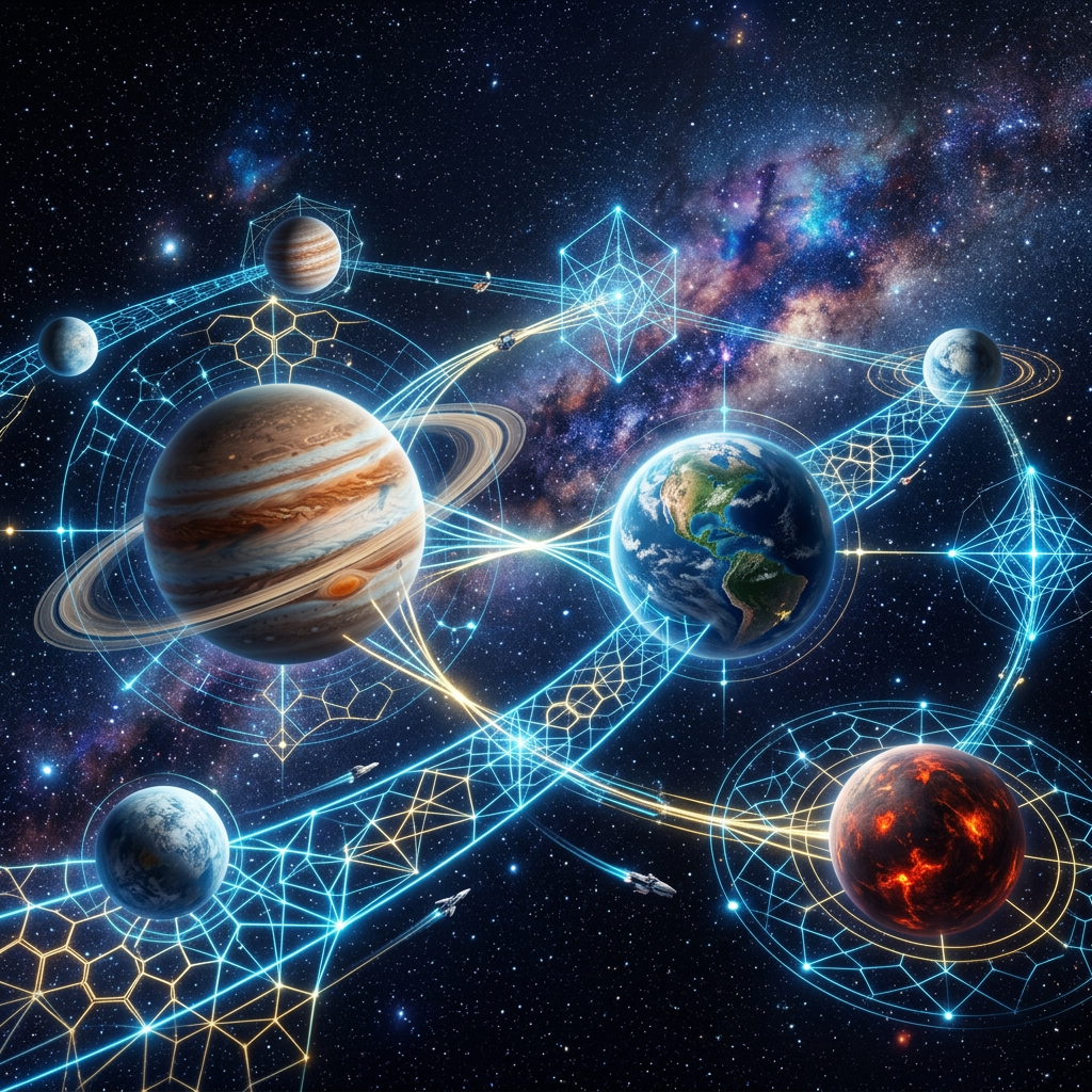 Planets of the solar system connected by glowing digital network lines and geometric shapes.