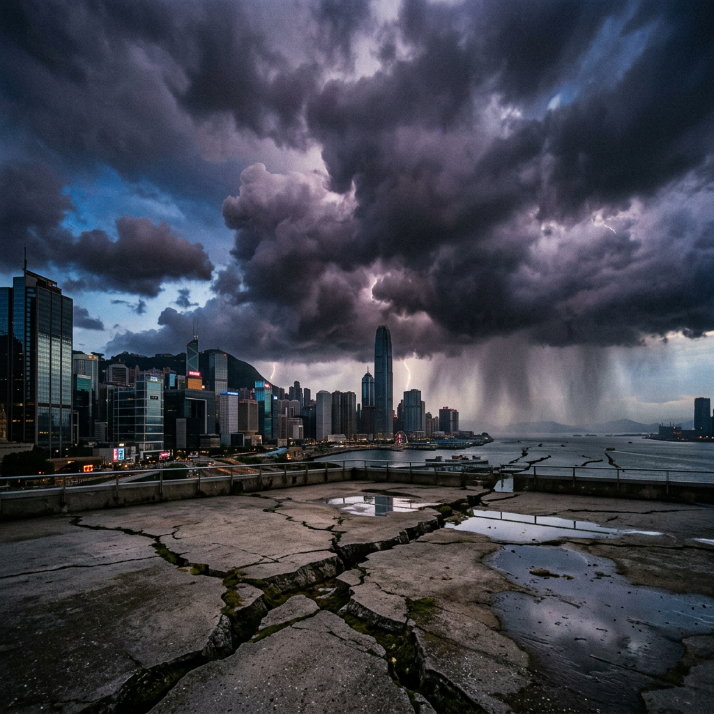 City skyline with dark storm clouds, lightning, rain, and cracked concrete in foreground