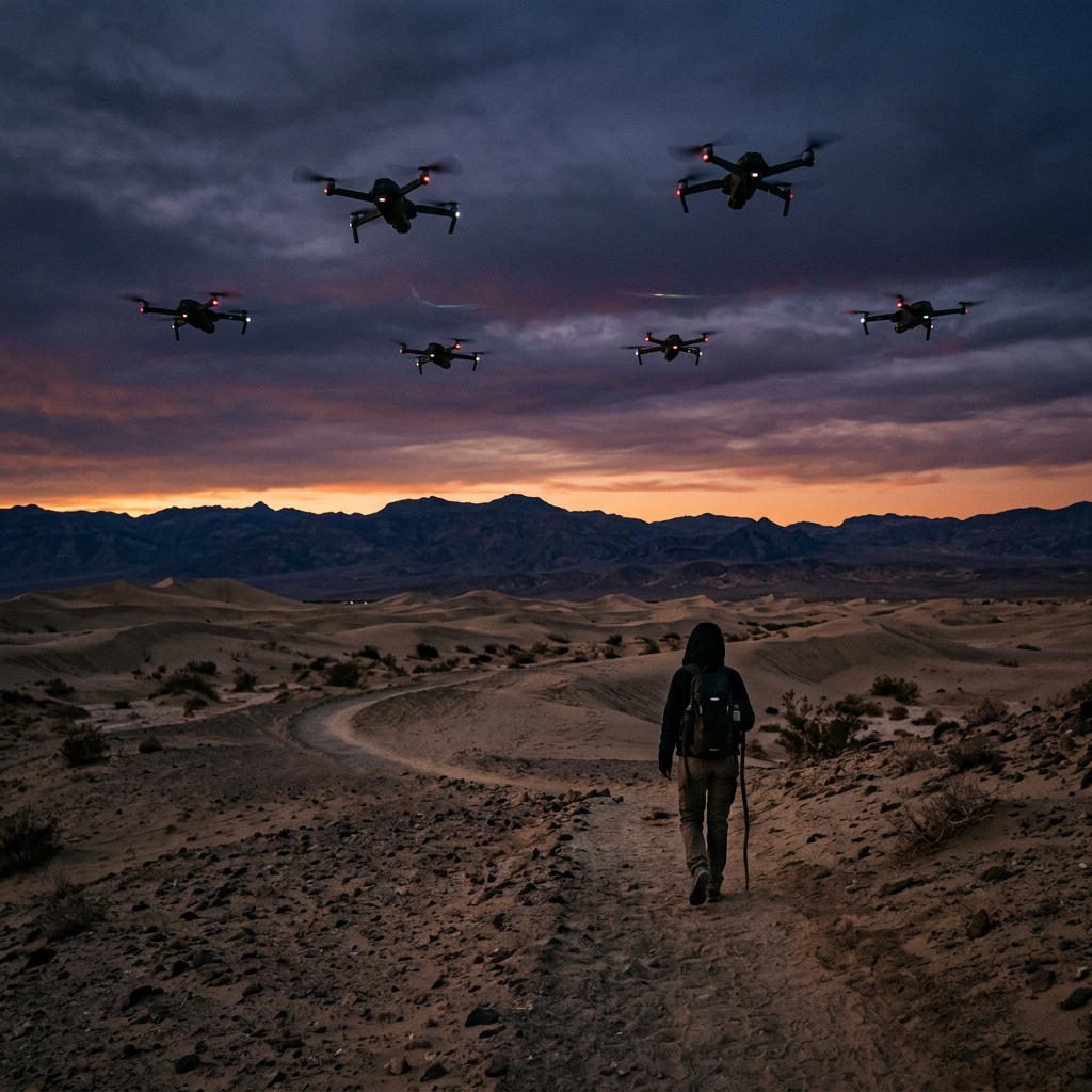 Person walking on a desert trail at sunset with seven drones flying above.