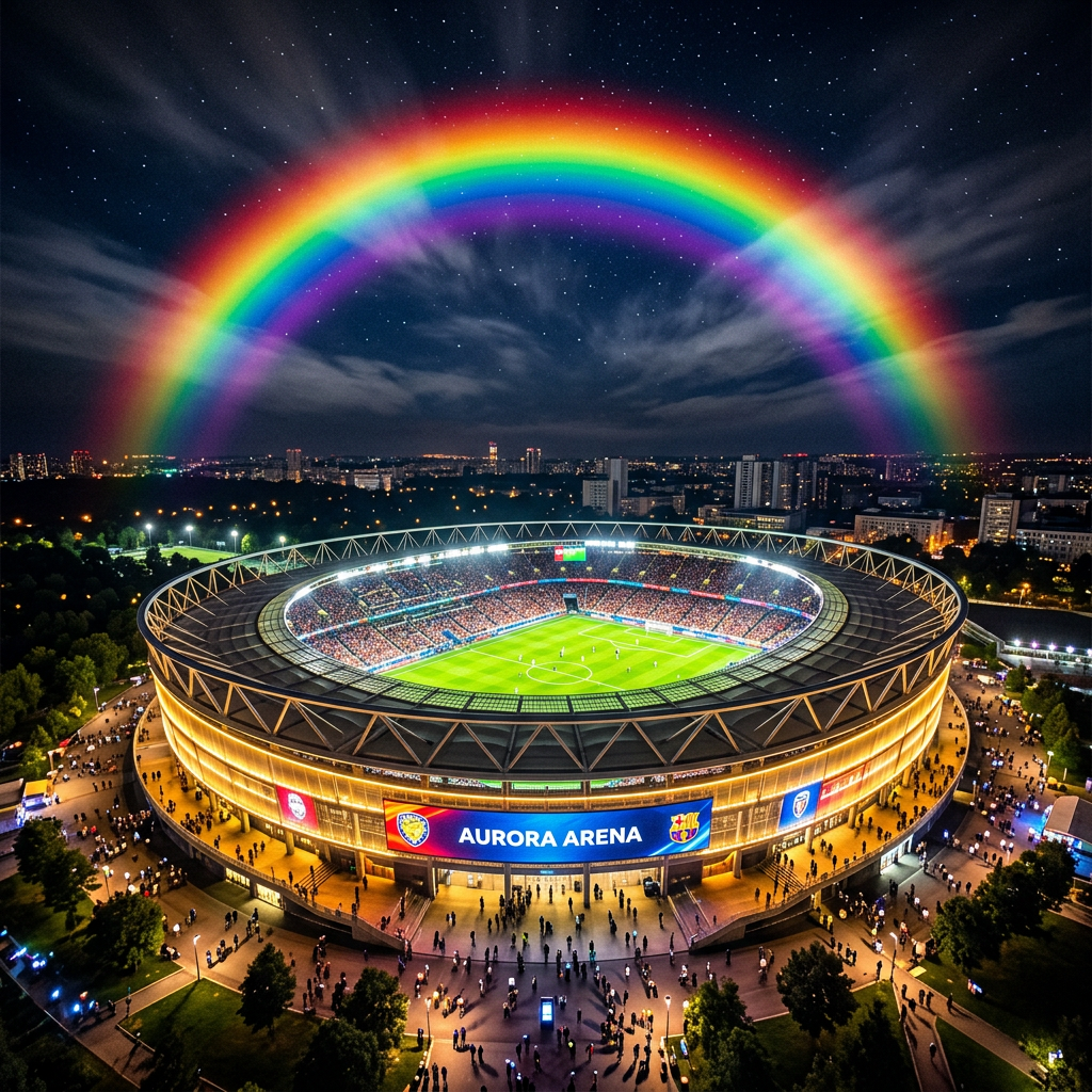 Illuminated soccer stadium named Aurora Arena hosting a night game with a large rainbow overhead