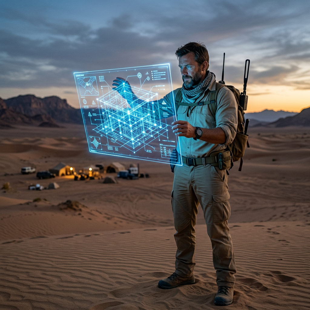Soldier in desert examining holographic 3D map with tactical data.
