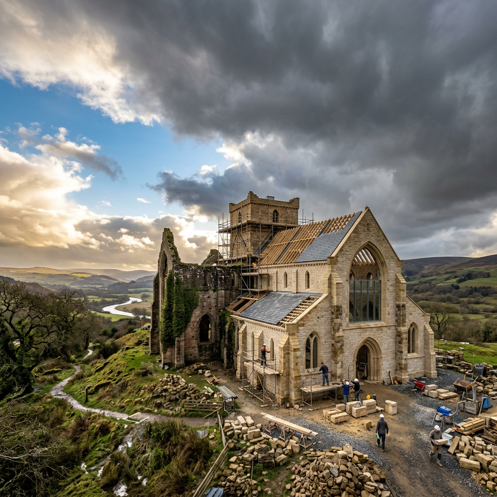 Partially restored historic abbey with scaffolding and workers