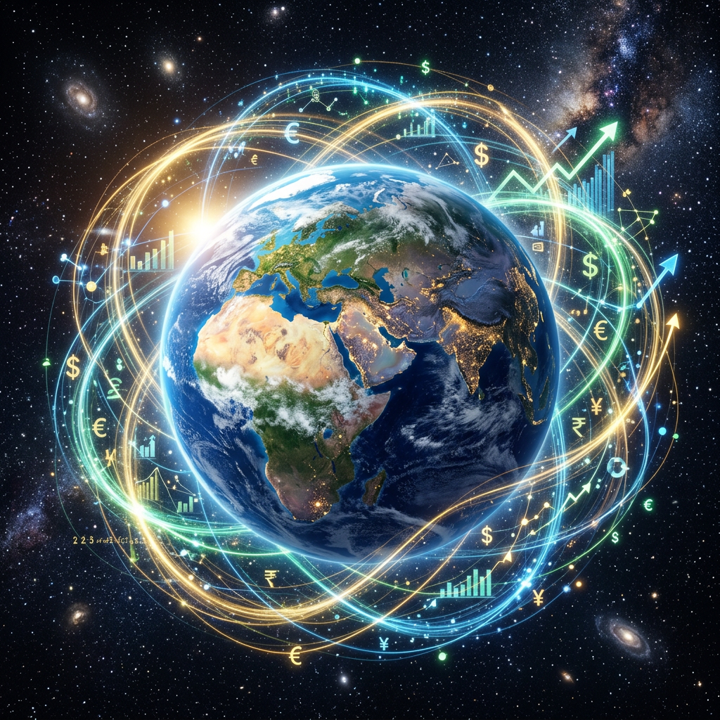 Earth surrounded by glowing lines with financial symbols and graphs in space