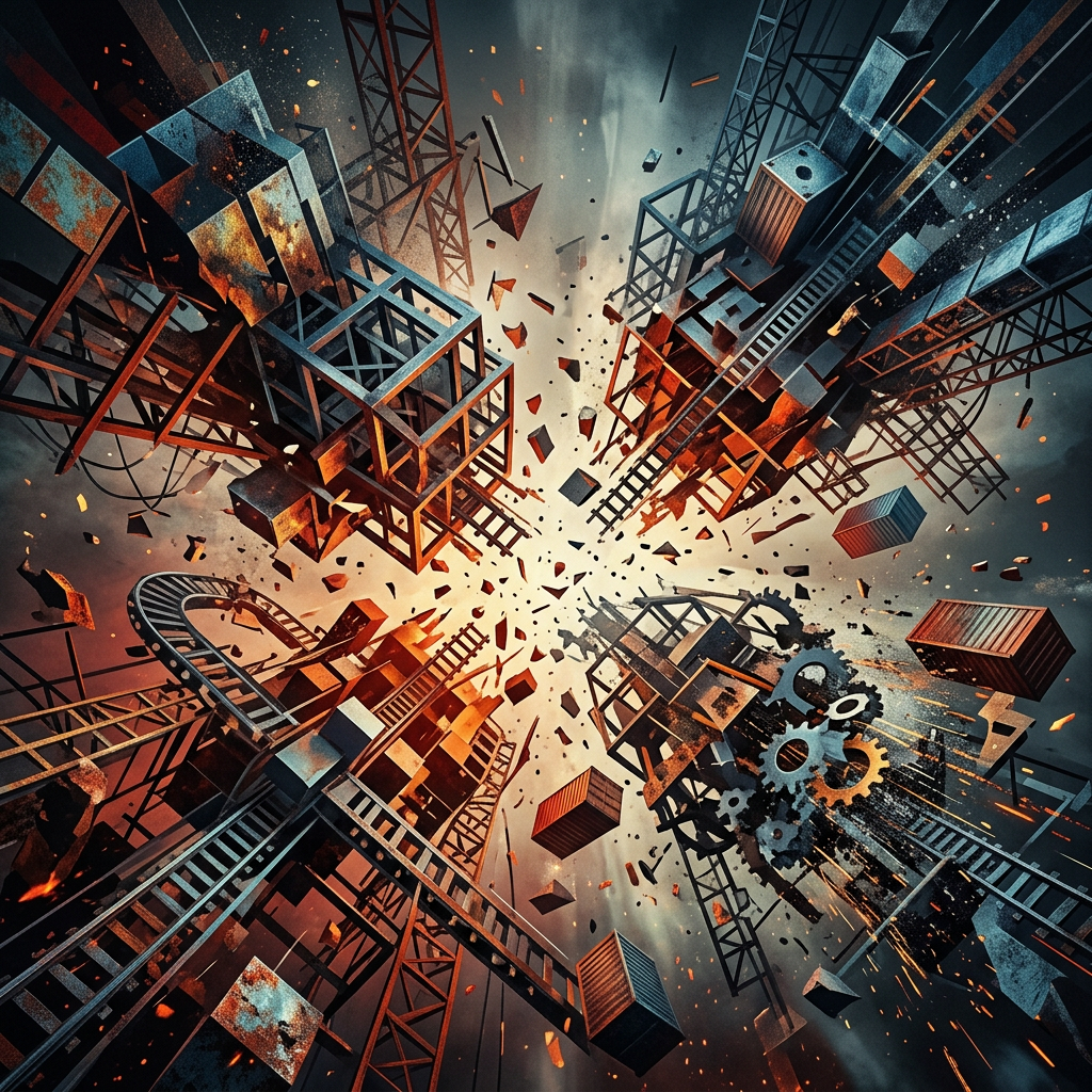 Exploding metal framework, gears, and debris radiating from central point