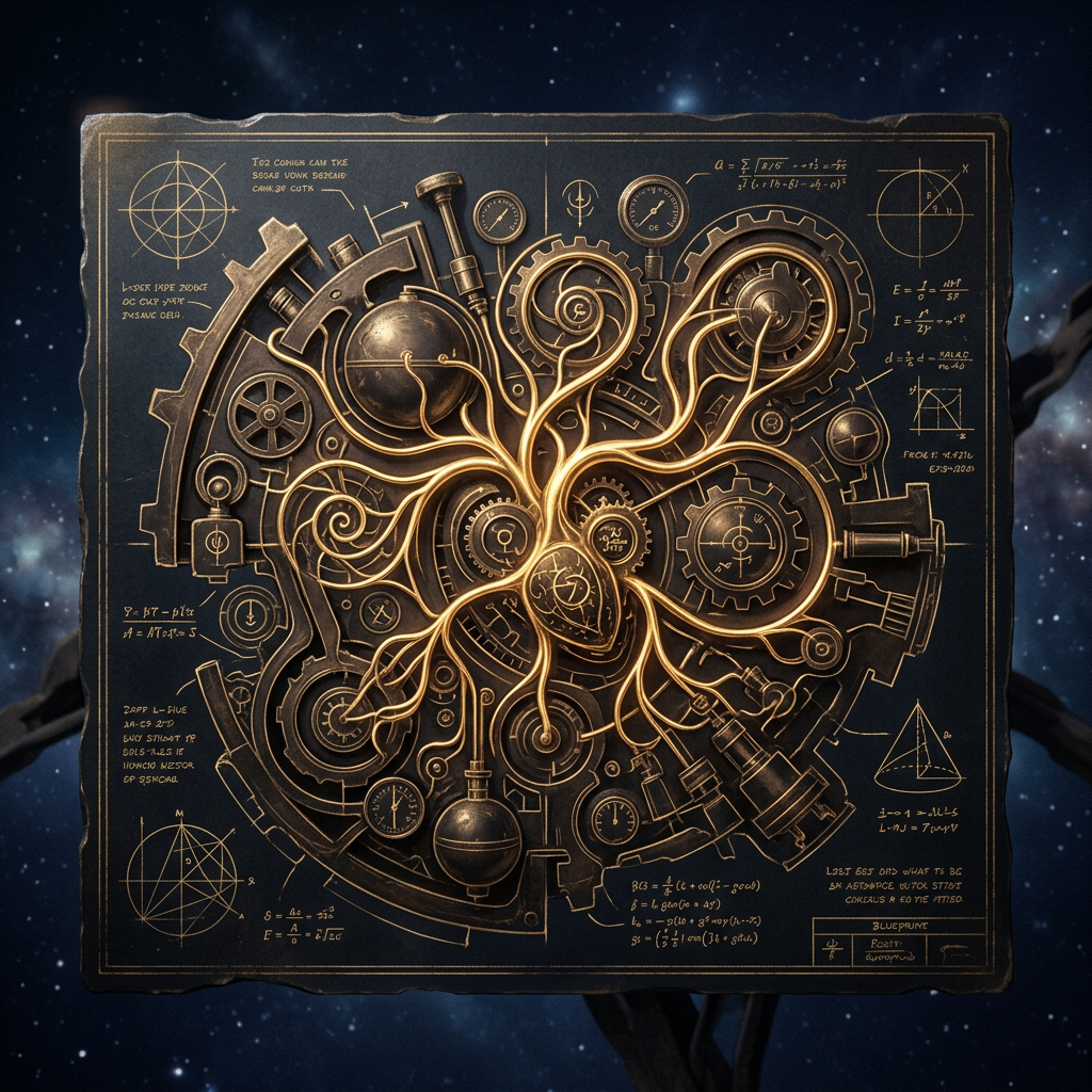 Steampunk mechanical heart with interconnected golden tubes and gears on a schematic blueprint