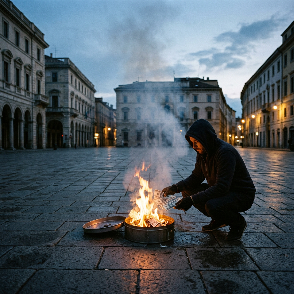 Man in dark hoodie placing US dollar bills into a fire in a metal container on a stone paved square at dusk