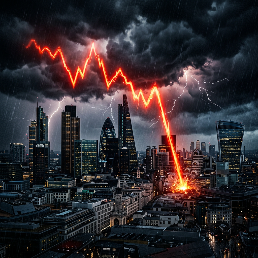City skyline under stormy sky with a glowing red financial graph crashing down