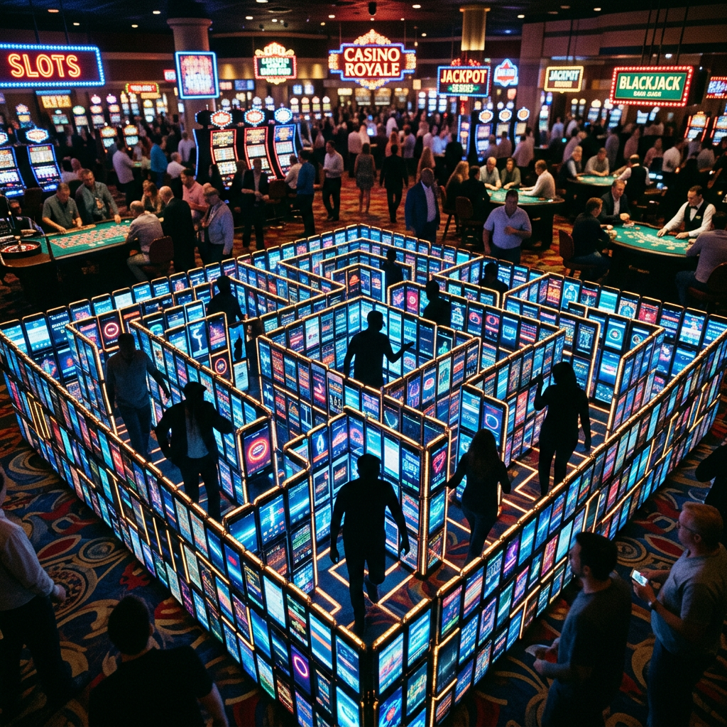 Maze constructed from glowing slot machine screens with people walking inside