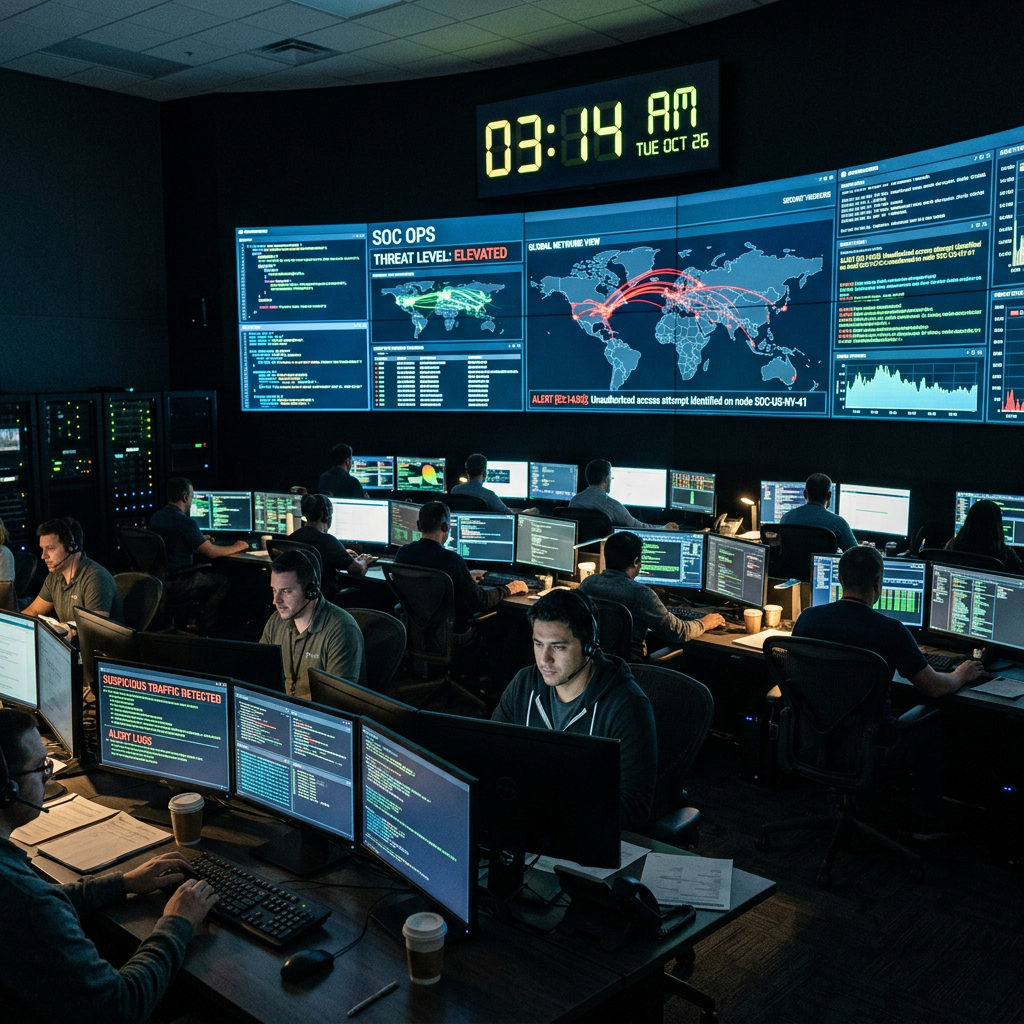 Team of cybersecurity professionals working on multiple monitors with global threat maps and alert data displayed on large screens