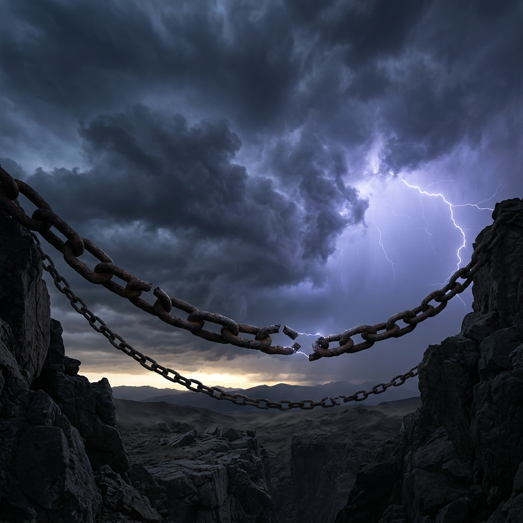 Rusted metal chains snapped in two above a rocky gorge with lightning and dark storm clouds